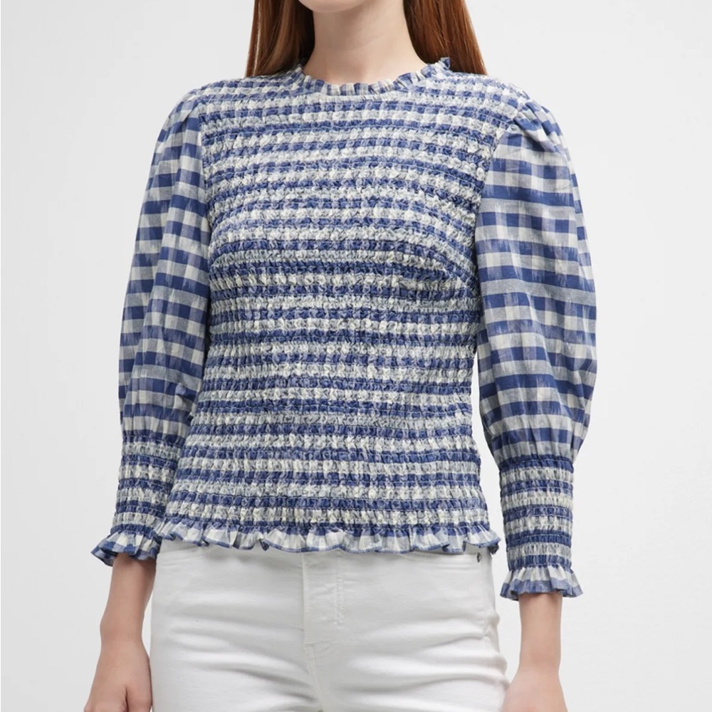 Veronica Beard Kali Smocked Three Quarter Sleeve Check Top Blue White Sz 8 New